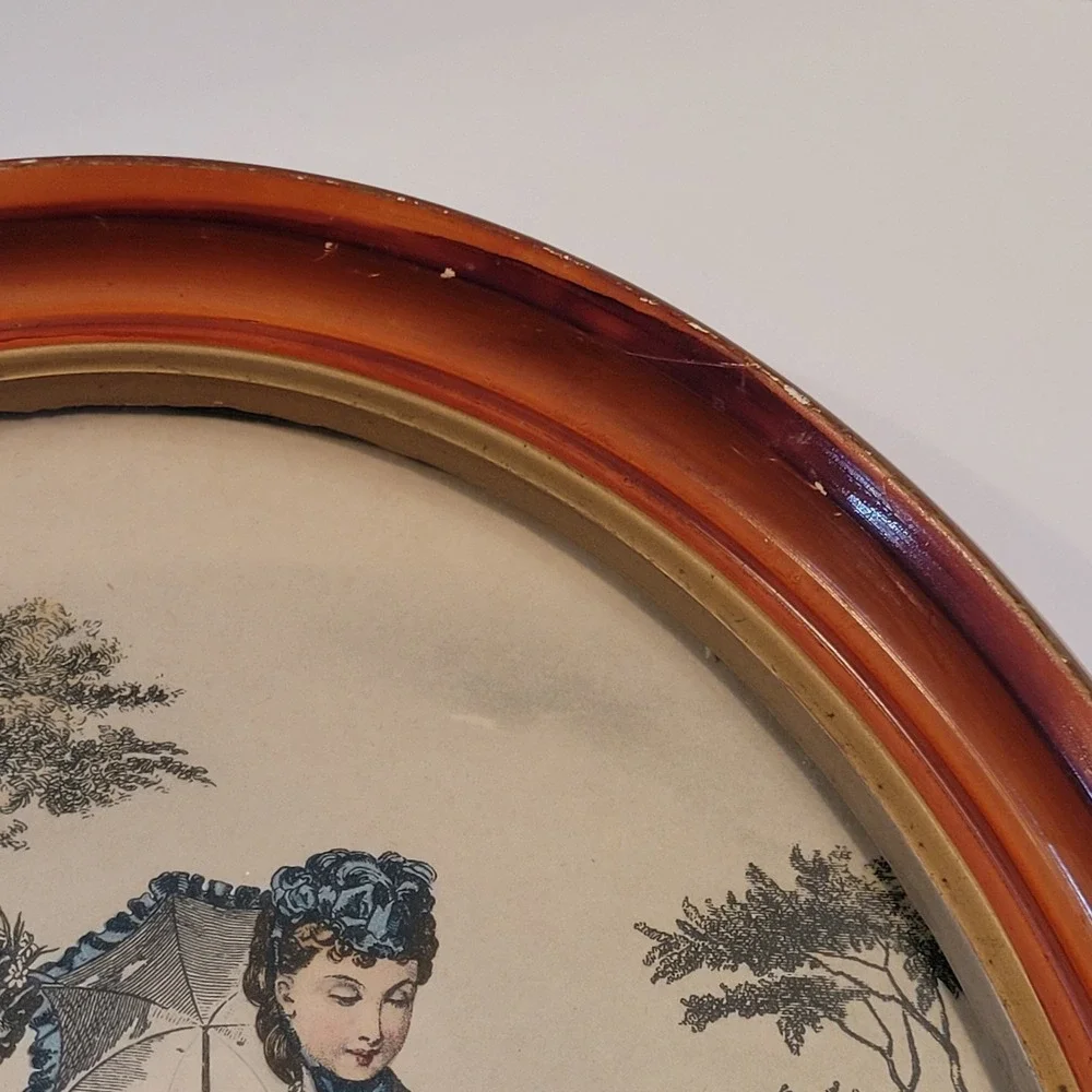 VTG LA MODE ILLUSTRE Victorian Ladies In Garden Wooden Oval Picture Frames